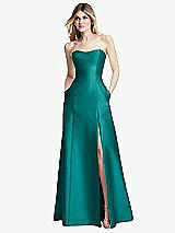 Rear View Thumbnail - Jade Strapless A-line Satin Gown with Modern Bow Detail