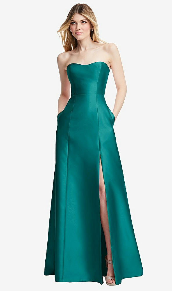 Back View - Jade Strapless A-line Satin Gown with Modern Bow Detail