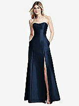 Rear View Thumbnail - Midnight Navy Strapless A-line Satin Gown with Modern Bow Detail