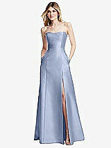 Rear View Thumbnail - Sky Blue Strapless A-line Satin Gown with Modern Bow Detail