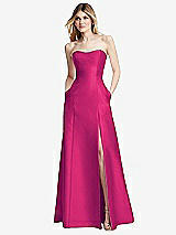 Rear View Thumbnail - Think Pink Strapless A-line Satin Gown with Modern Bow Detail