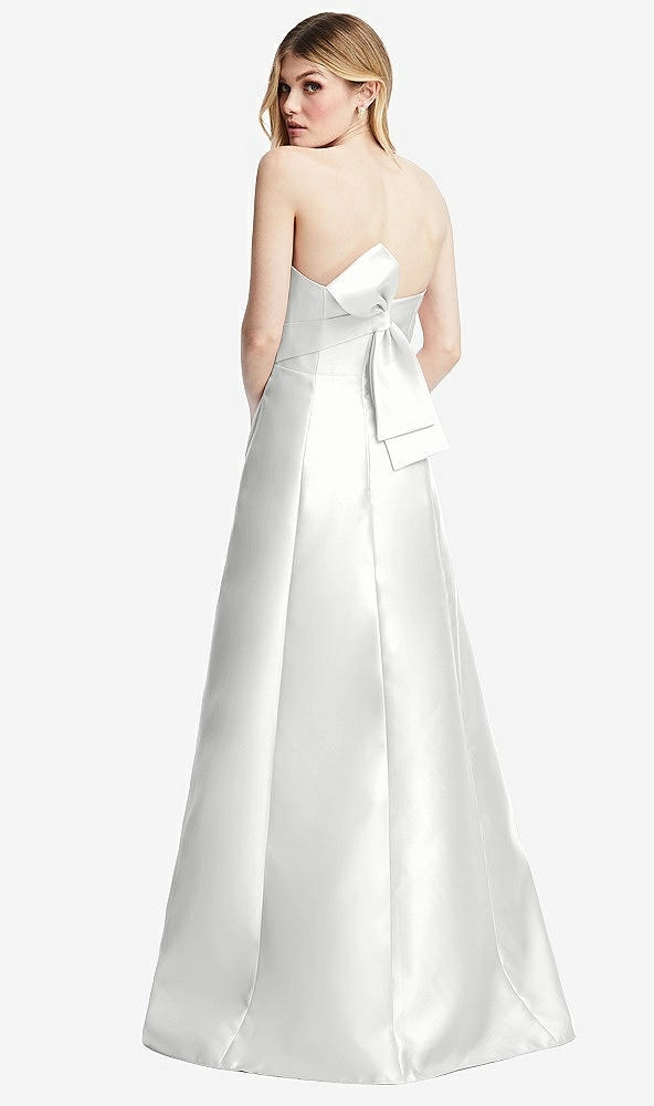 Front View - White Strapless A-line Satin Gown with Modern Bow Detail