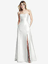 Rear View Thumbnail - White Strapless A-line Satin Gown with Modern Bow Detail