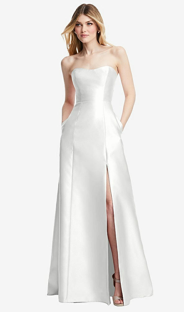 Back View - White Strapless A-line Satin Gown with Modern Bow Detail