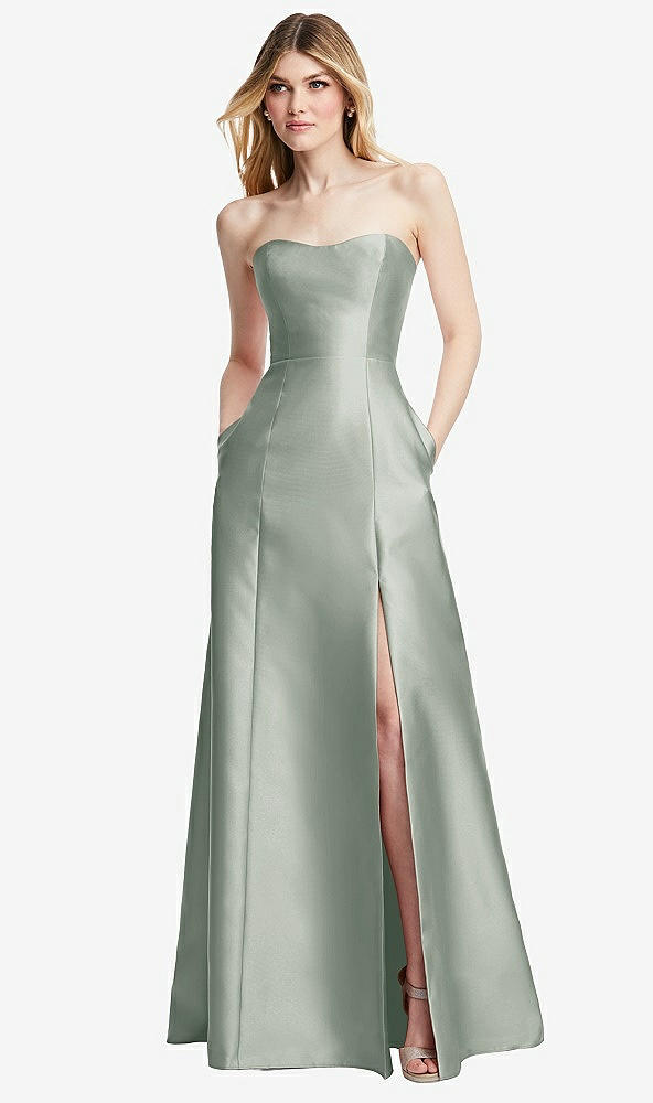 Back View - Willow Green Strapless A-line Satin Gown with Modern Bow Detail