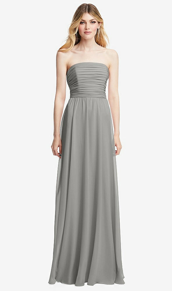 Front View - Chelsea Gray Shirred Bodice Strapless Chiffon Maxi Dress with Optional Straps