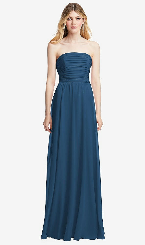 Front View - Dusk Blue Shirred Bodice Strapless Chiffon Maxi Dress with Optional Straps