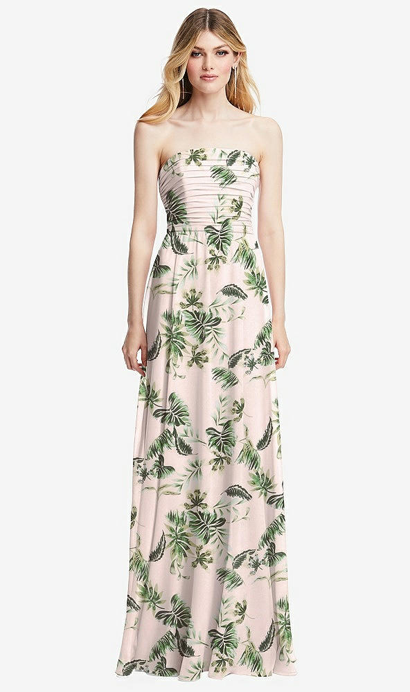 Front View - Palm Beach Print Shirred Bodice Strapless Chiffon Maxi Dress with Optional Straps