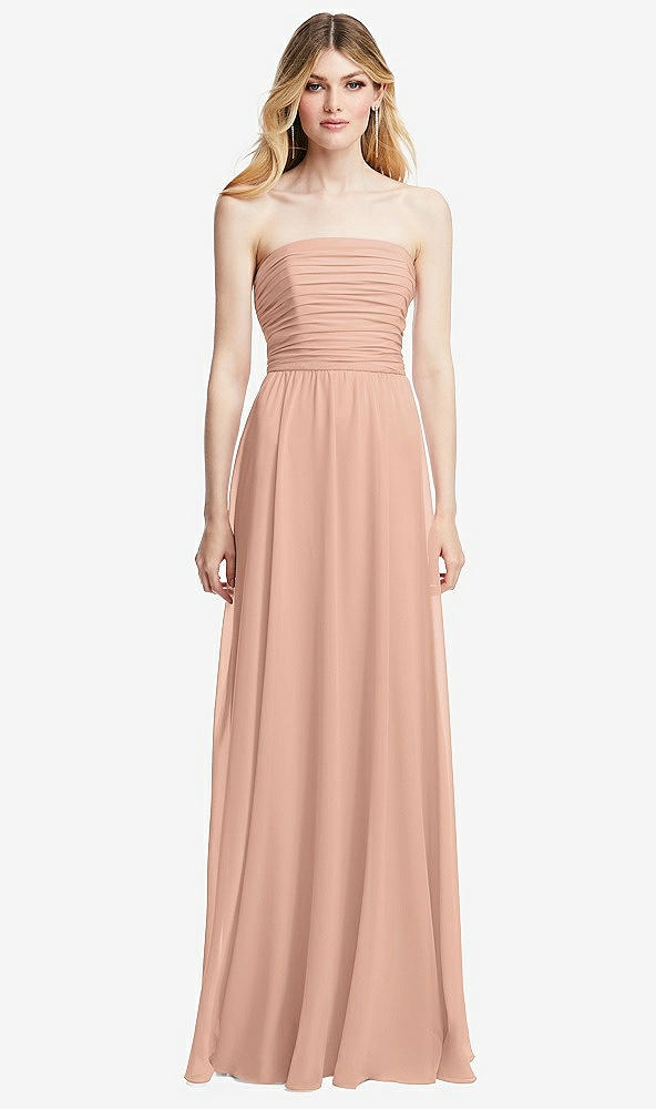 Front View - Pale Peach Shirred Bodice Strapless Chiffon Maxi Dress with Optional Straps