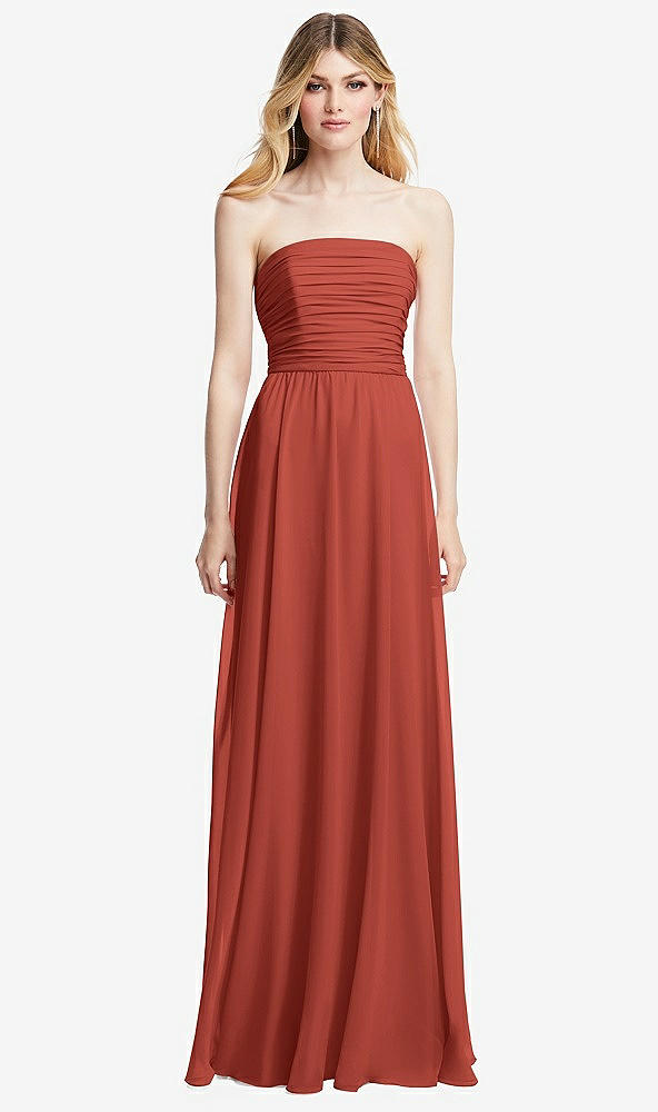 Front View - Amber Sunset Shirred Bodice Strapless Chiffon Maxi Dress with Optional Straps