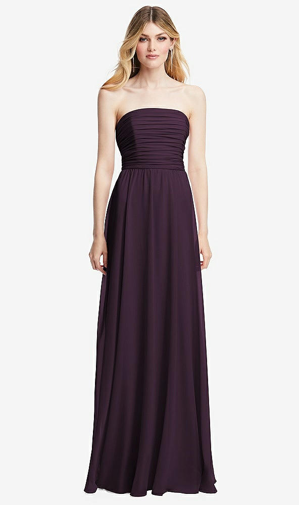 Front View - Aubergine Shirred Bodice Strapless Chiffon Maxi Dress with Optional Straps