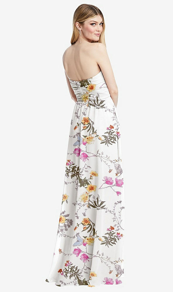 Back View - Butterfly Botanica Ivory Shirred Bodice Strapless Chiffon Maxi Dress with Optional Straps
