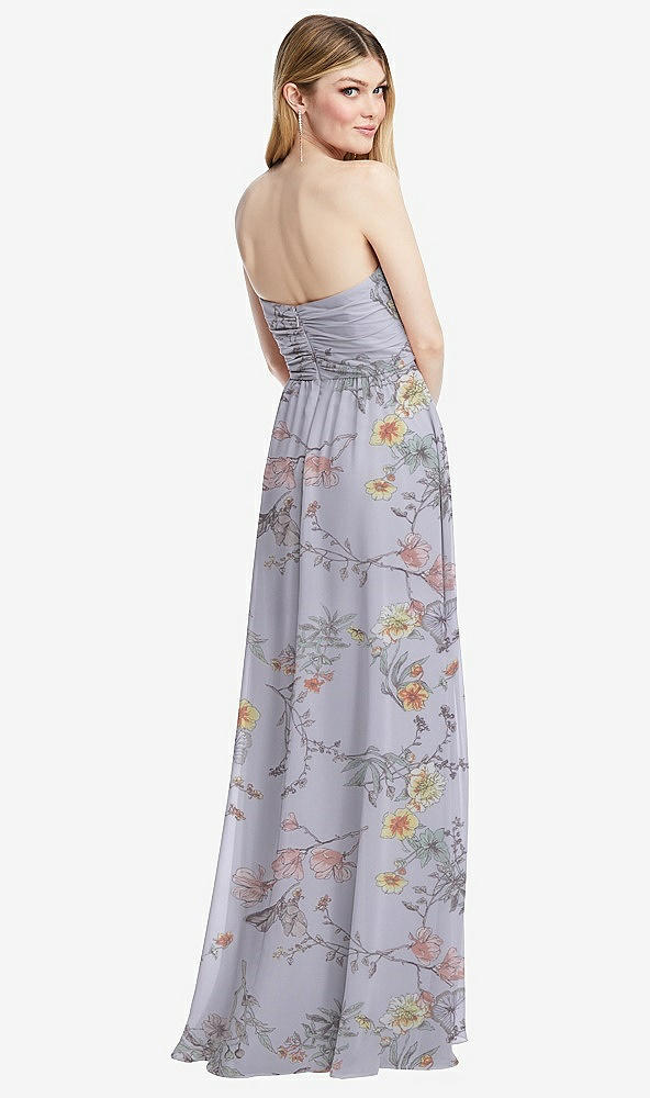 Back View - Butterfly Botanica Silver Dove Shirred Bodice Strapless Chiffon Maxi Dress with Optional Straps