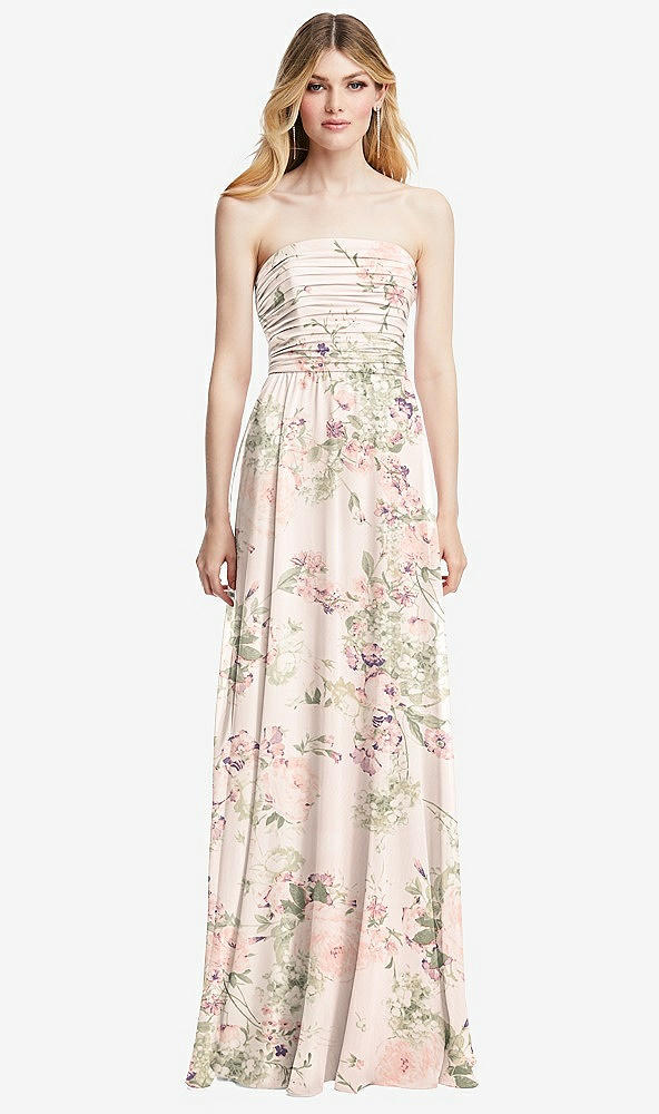 Front View - Blush Garden Shirred Bodice Strapless Chiffon Maxi Dress with Optional Straps