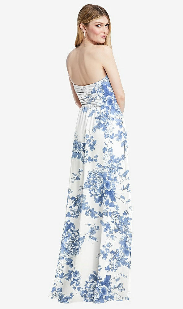 Back View - Cottage Rose Dusk Blue Shirred Bodice Strapless Chiffon Maxi Dress with Optional Straps