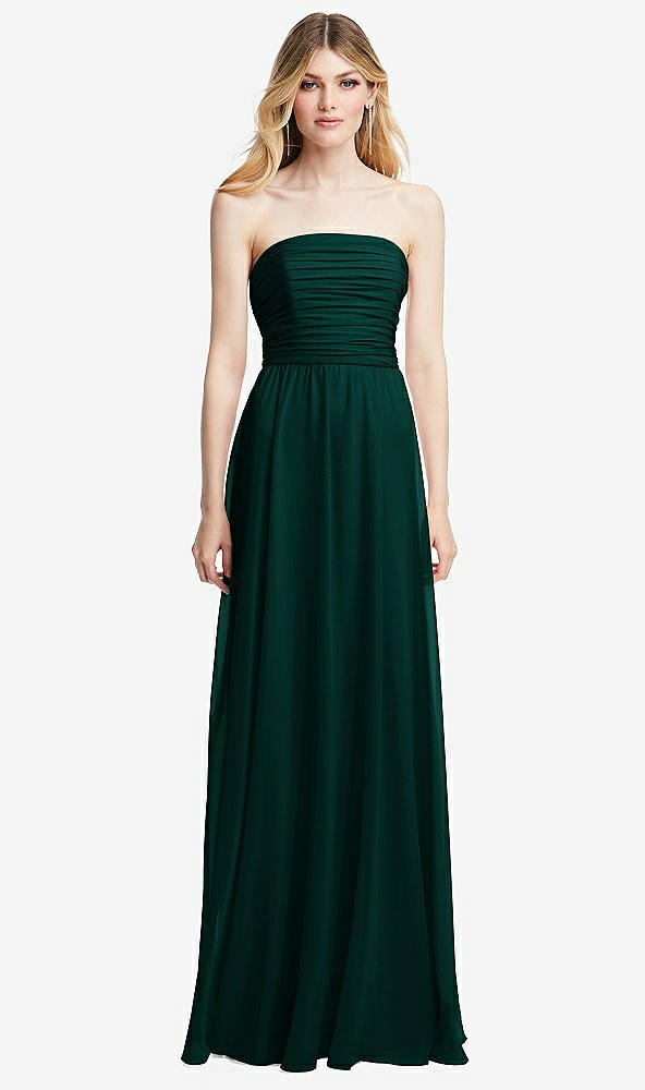 Front View - Evergreen Shirred Bodice Strapless Chiffon Maxi Dress with Optional Straps