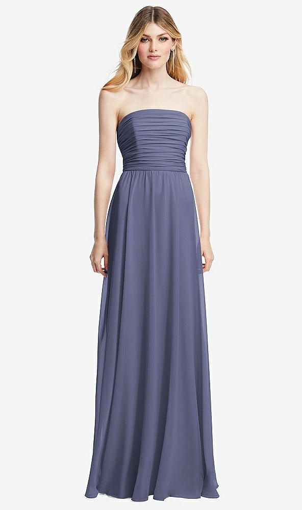 Front View - French Blue Shirred Bodice Strapless Chiffon Maxi Dress with Optional Straps