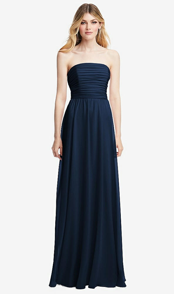 Front View - Midnight Navy Shirred Bodice Strapless Chiffon Maxi Dress with Optional Straps