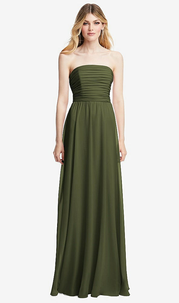 Front View - Olive Green Shirred Bodice Strapless Chiffon Maxi Dress with Optional Straps