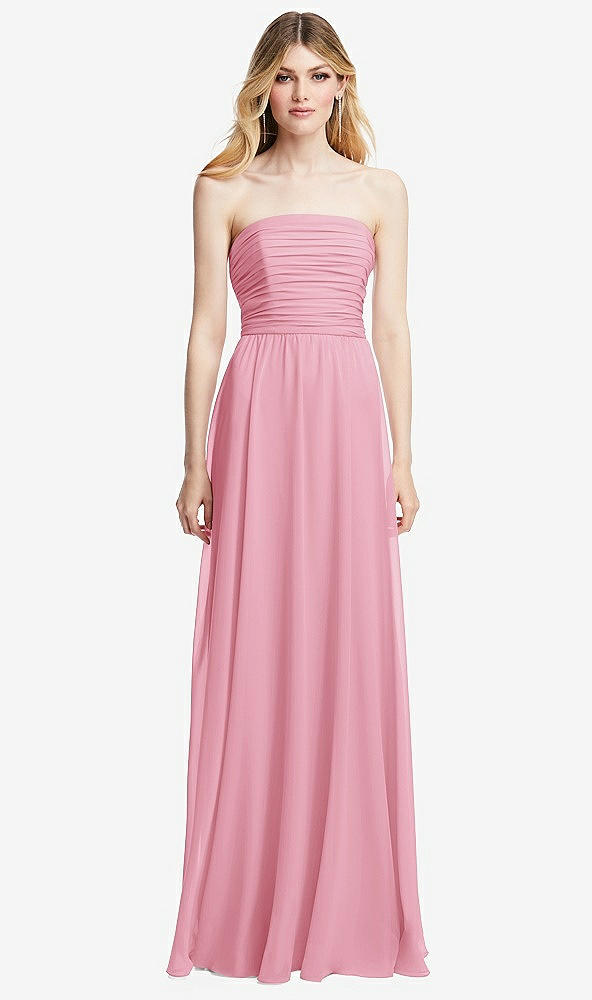 Front View - Peony Pink Shirred Bodice Strapless Chiffon Maxi Dress with Optional Straps