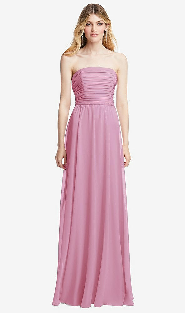 Front View - Powder Pink Shirred Bodice Strapless Chiffon Maxi Dress with Optional Straps