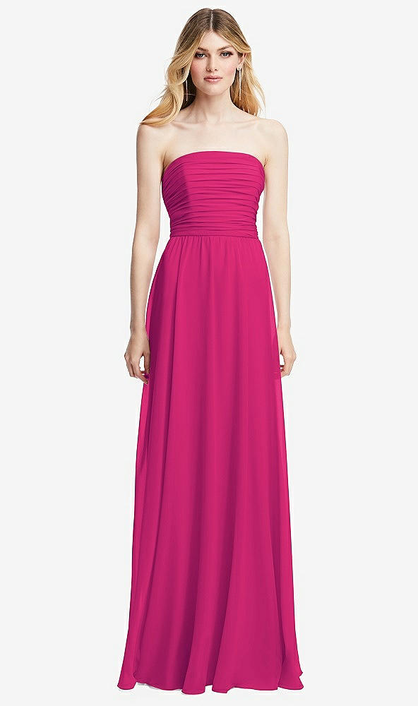 Front View - Think Pink Shirred Bodice Strapless Chiffon Maxi Dress with Optional Straps