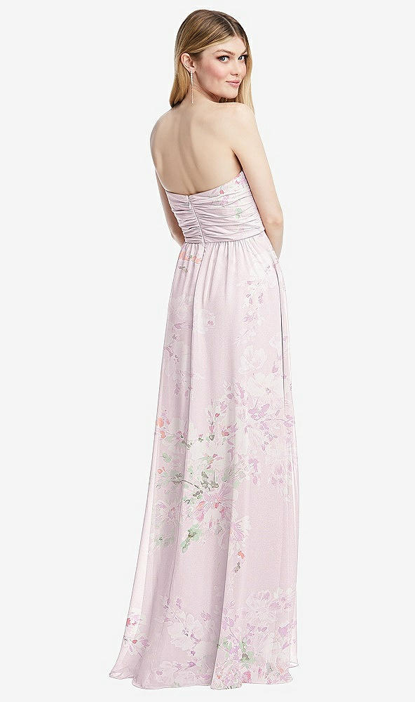 Back View - Watercolor Print Shirred Bodice Strapless Chiffon Maxi Dress with Optional Straps