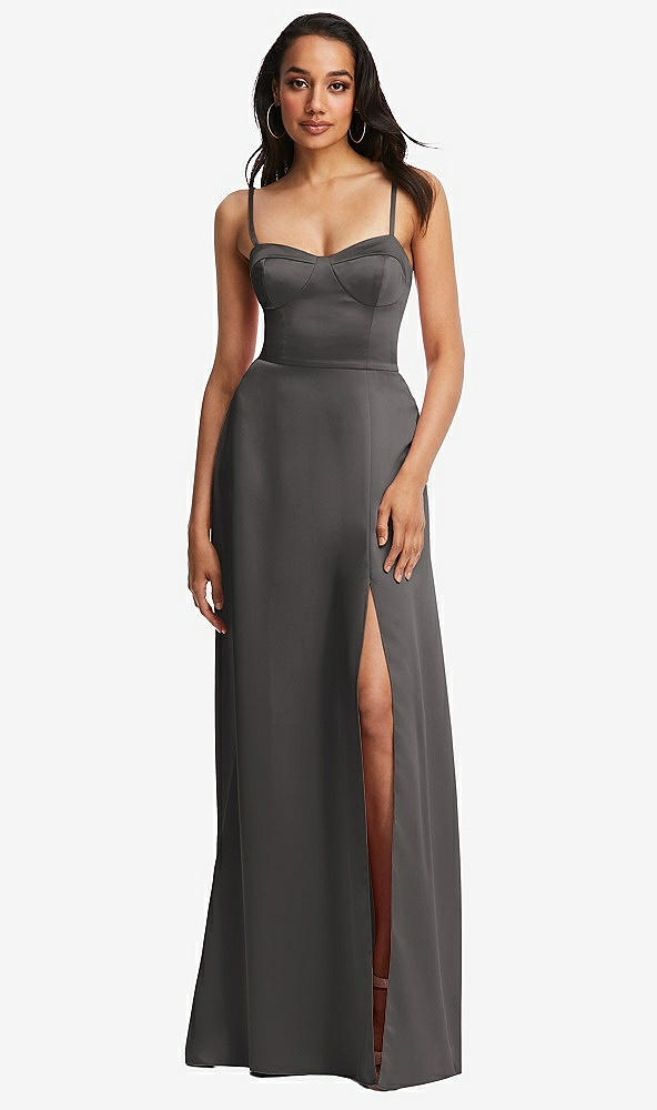 Front View - Caviar Gray Bustier A-Line Maxi Dress with Adjustable Spaghetti Straps