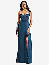 Front View Thumbnail - Dusk Blue Bustier A-Line Maxi Dress with Adjustable Spaghetti Straps
