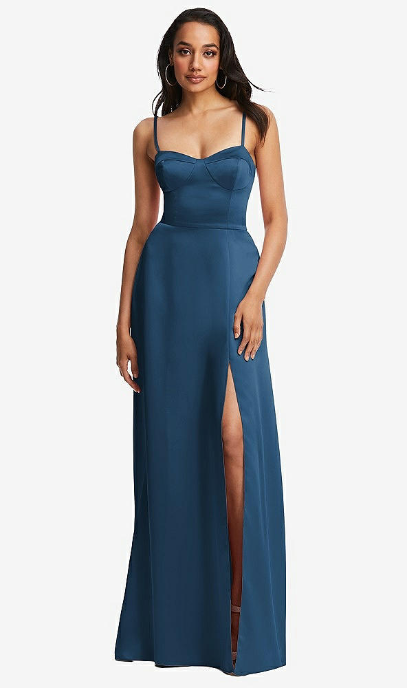 Front View - Dusk Blue Bustier A-Line Maxi Dress with Adjustable Spaghetti Straps