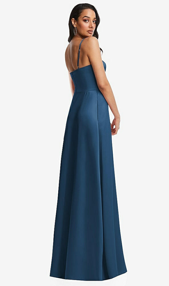 Back View - Dusk Blue Bustier A-Line Maxi Dress with Adjustable Spaghetti Straps