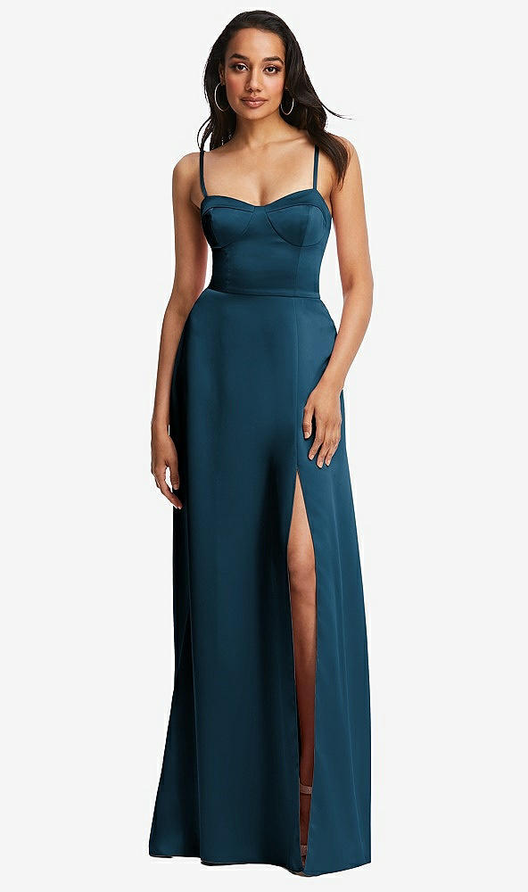 Front View - Atlantic Blue Bustier A-Line Maxi Dress with Adjustable Spaghetti Straps