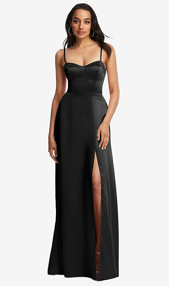 Front View - Black Bustier A-Line Maxi Dress with Adjustable Spaghetti Straps