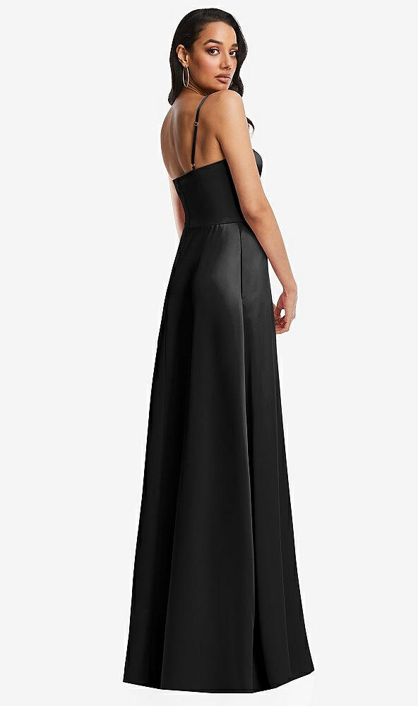 Back View - Black Bustier A-Line Maxi Dress with Adjustable Spaghetti Straps