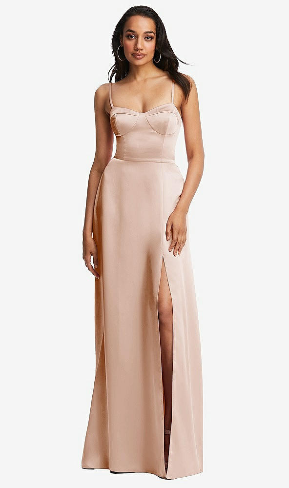 Front View - Cameo Bustier A-Line Maxi Dress with Adjustable Spaghetti Straps