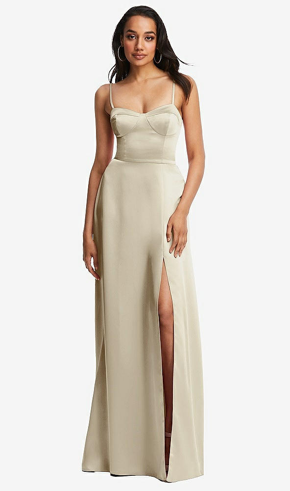 Front View - Champagne Bustier A-Line Maxi Dress with Adjustable Spaghetti Straps