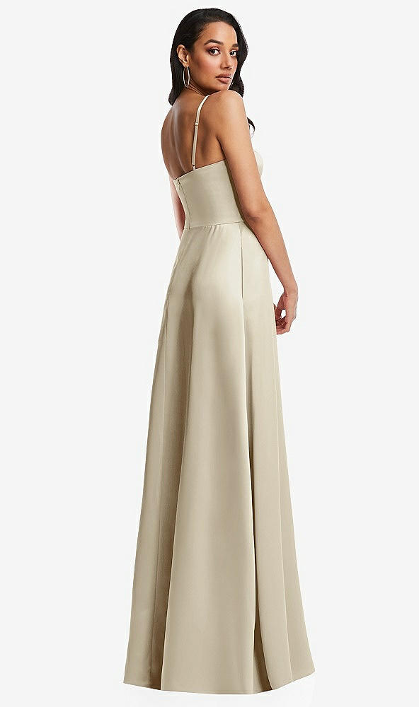 Back View - Champagne Bustier A-Line Maxi Dress with Adjustable Spaghetti Straps