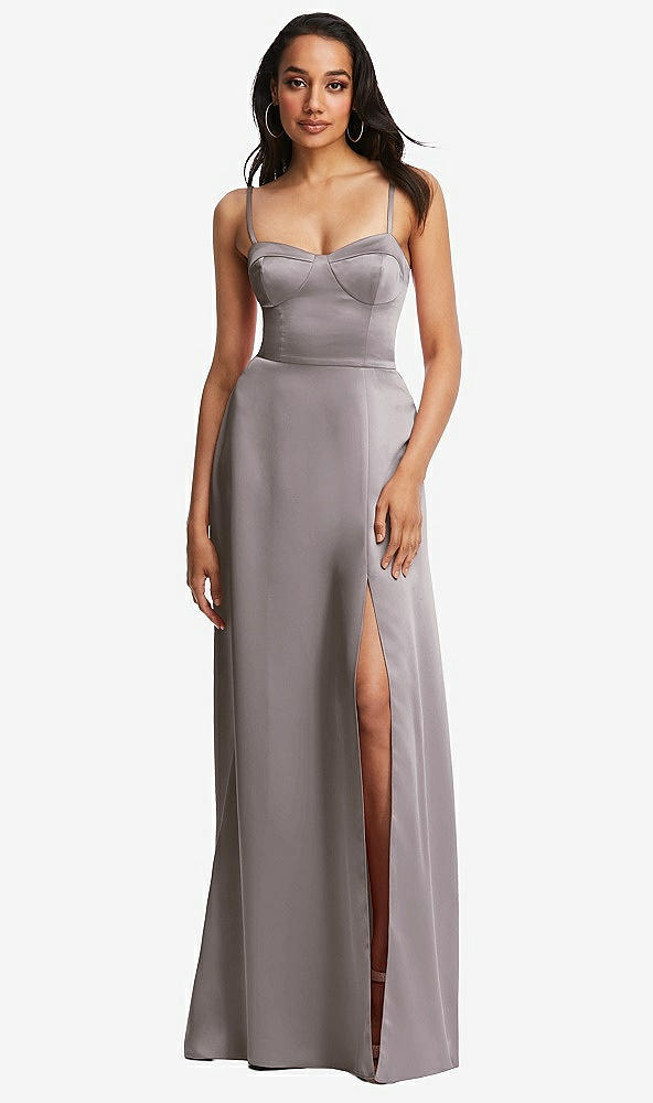 Front View - Cashmere Gray Bustier A-Line Maxi Dress with Adjustable Spaghetti Straps