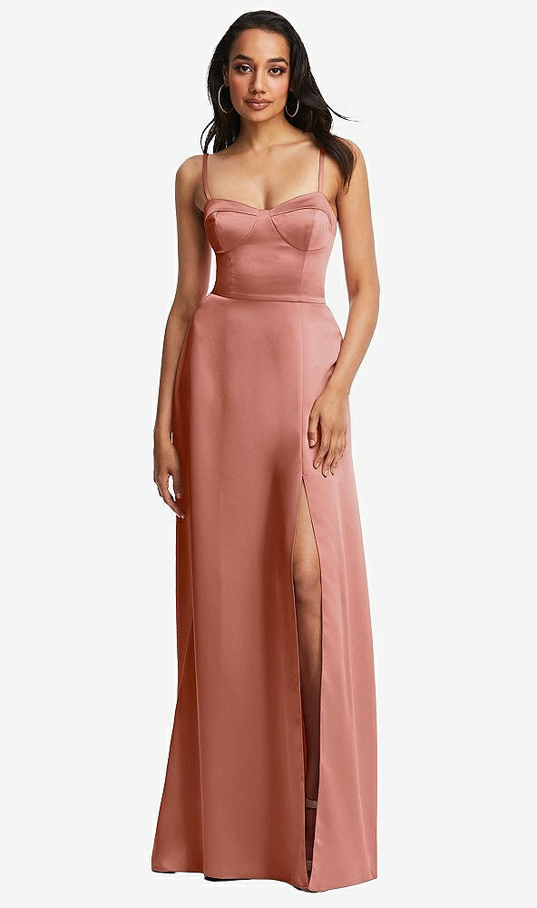 Front View - Desert Rose Bustier A-Line Maxi Dress with Adjustable Spaghetti Straps