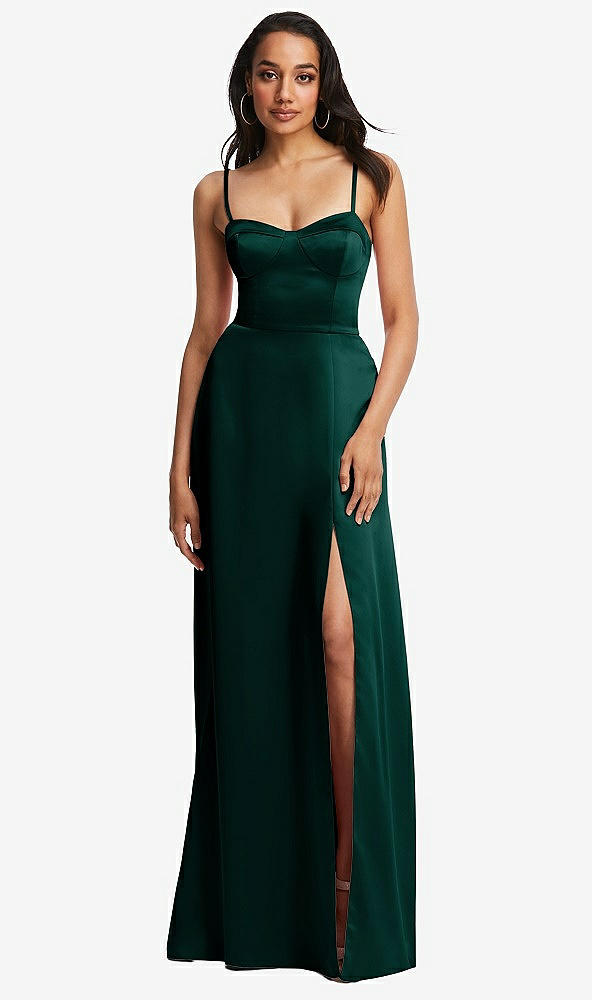 Front View - Evergreen Bustier A-Line Maxi Dress with Adjustable Spaghetti Straps