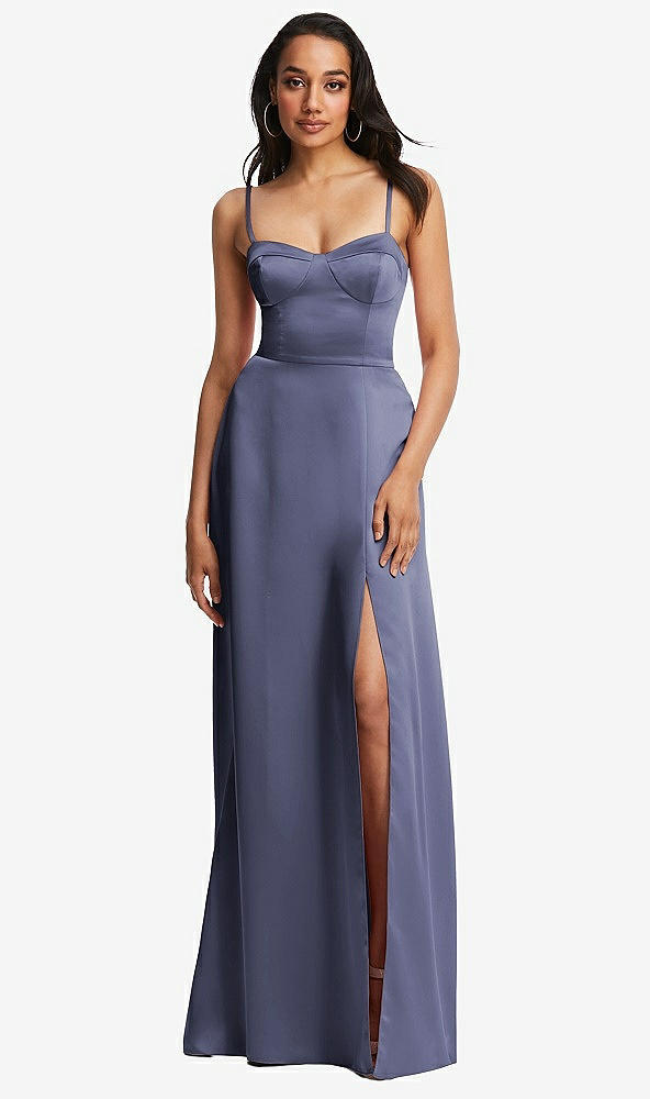 Front View - French Blue Bustier A-Line Maxi Dress with Adjustable Spaghetti Straps