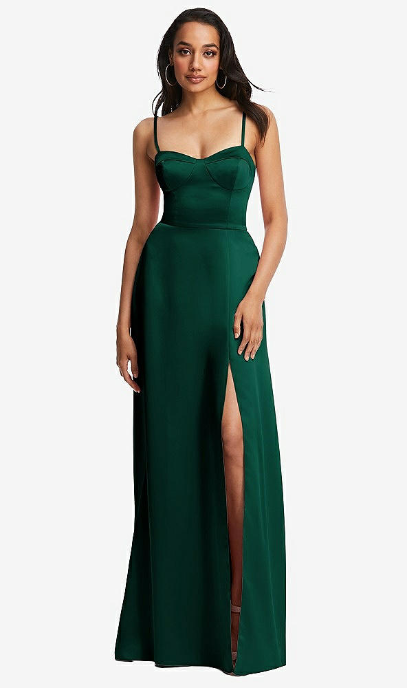 Front View - Hunter Green Bustier A-Line Maxi Dress with Adjustable Spaghetti Straps
