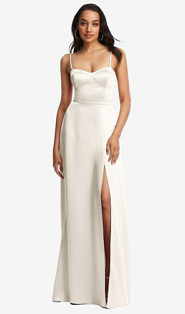 Front View - Ivory Bustier A-Line Maxi Dress with Adjustable Spaghetti Straps