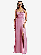 Front View Thumbnail - Powder Pink Bustier A-Line Maxi Dress with Adjustable Spaghetti Straps