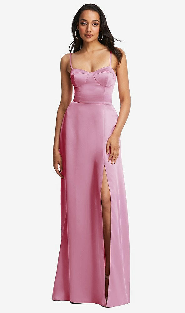 Front View - Powder Pink Bustier A-Line Maxi Dress with Adjustable Spaghetti Straps