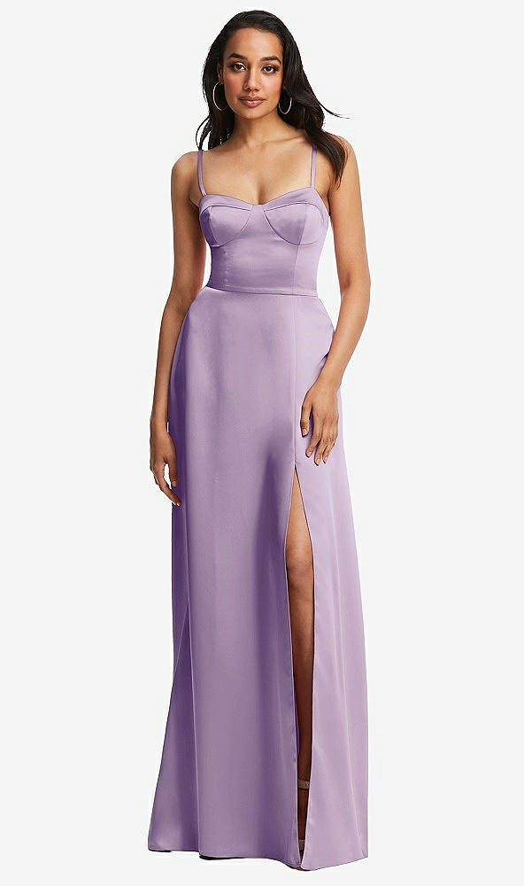 Front View - Pale Purple Bustier A-Line Maxi Dress with Adjustable Spaghetti Straps
