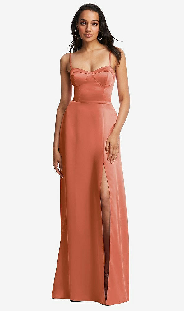Front View - Terracotta Copper Bustier A-Line Maxi Dress with Adjustable Spaghetti Straps