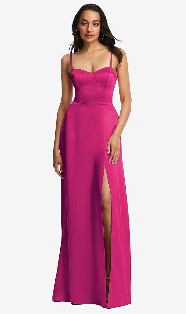 Front View - Think Pink Bustier A-Line Maxi Dress with Adjustable Spaghetti Straps