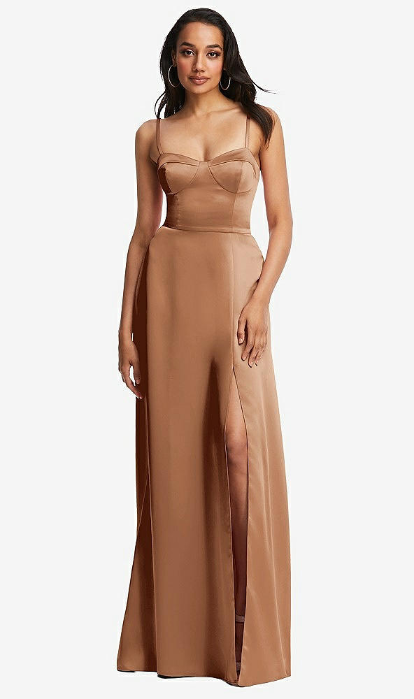 Front View - Toffee Bustier A-Line Maxi Dress with Adjustable Spaghetti Straps