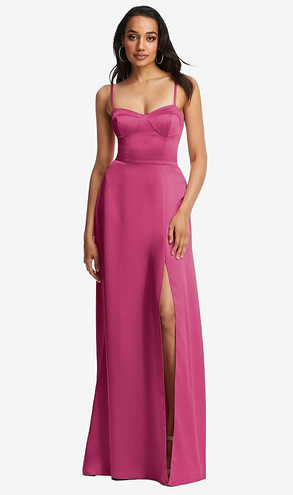 Front View - Tea Rose Bustier A-Line Maxi Dress with Adjustable Spaghetti Straps